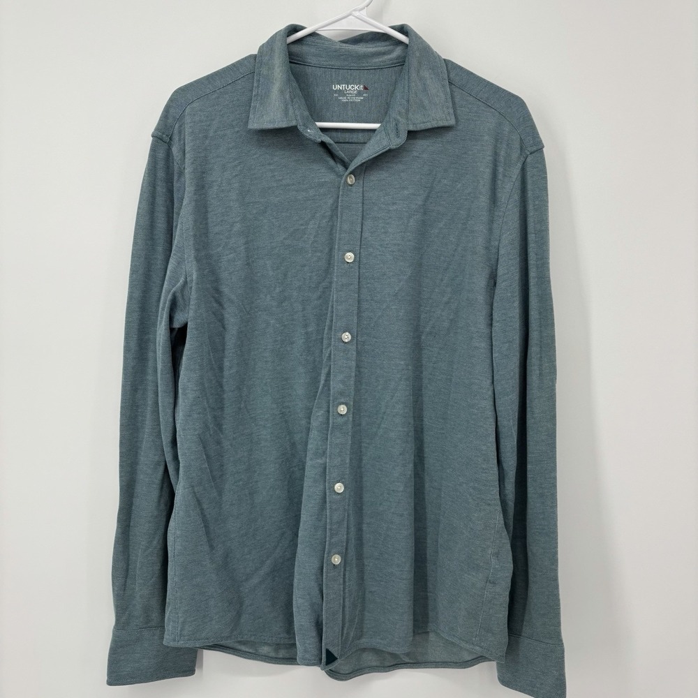 UNTUCKit Pique Polo Shirt BD Slim Fit Long Sleeve Button Front Mens Large Teal